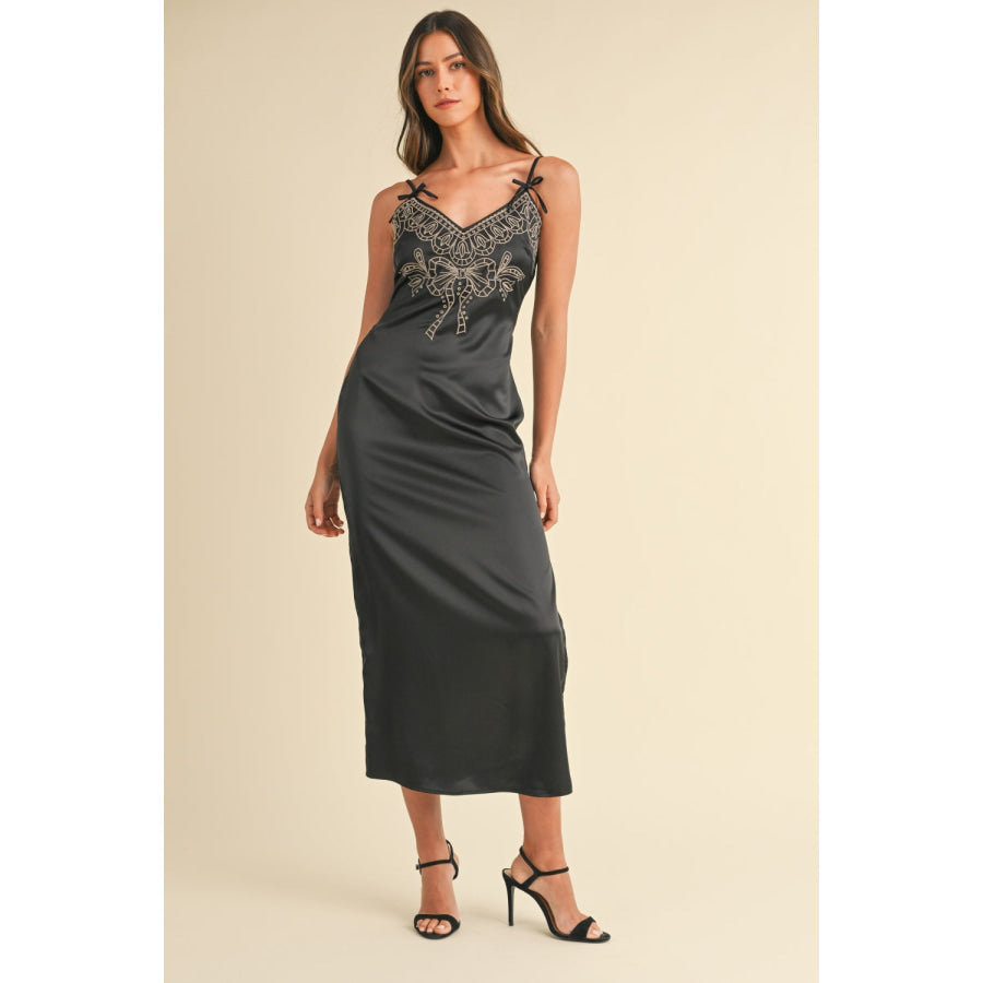 Mable Embroidered Cami Satin Midi Slit Dress Black / S Apparel and Accessories