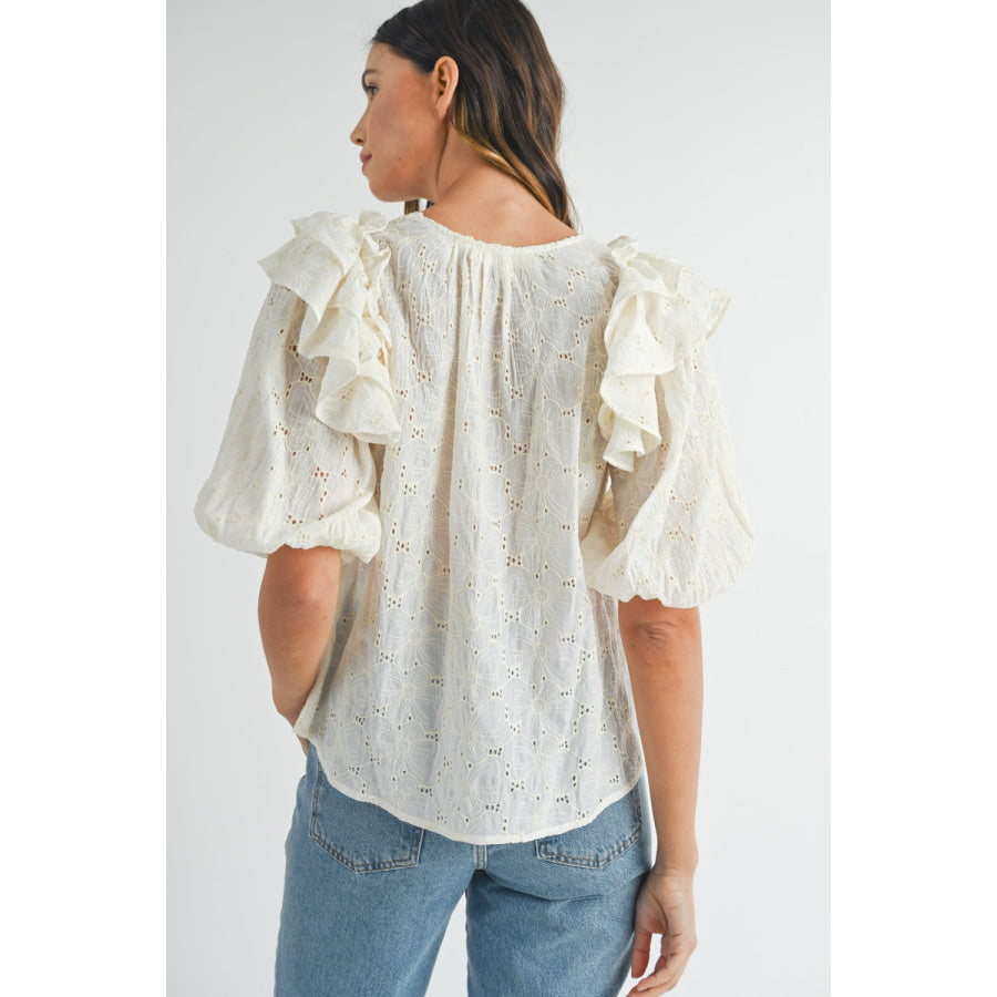 MABLE Eyelet Lace Ruffle Shoulder Puff Sleeve Blouse Apparel and Accessories