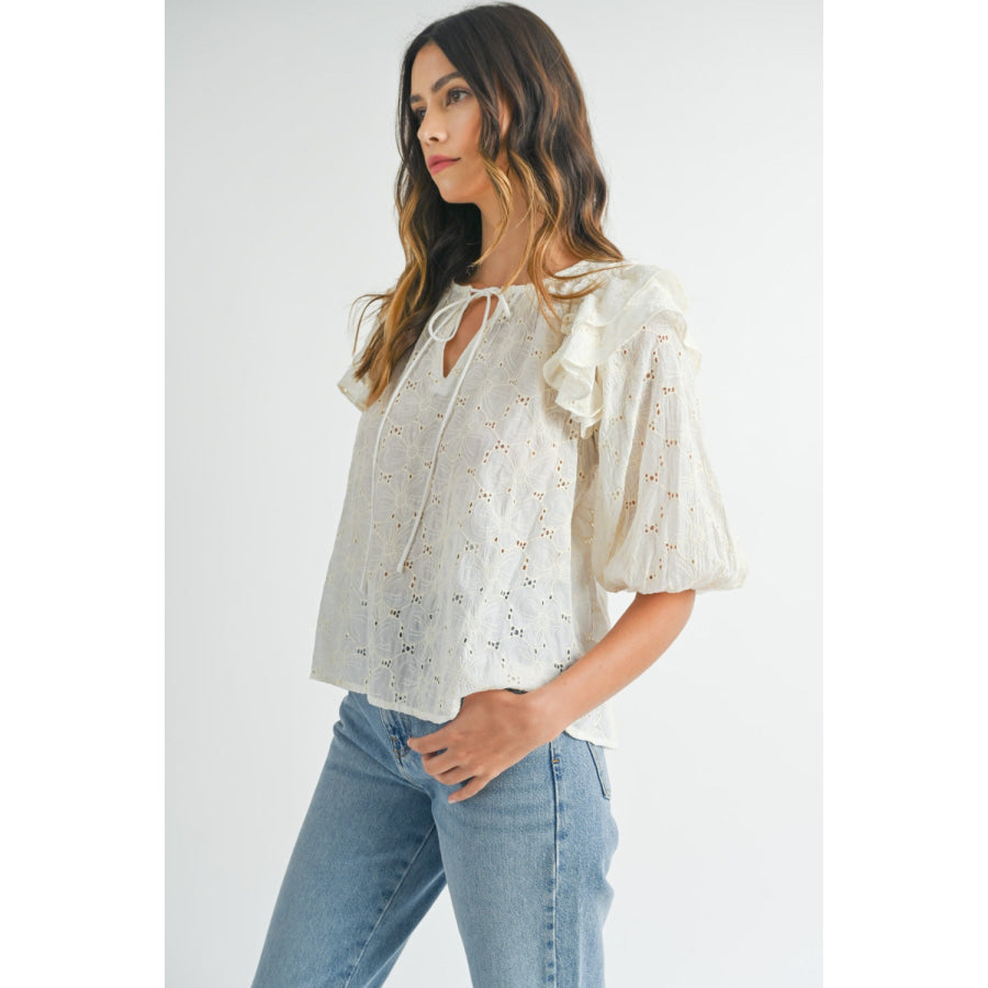 MABLE Eyelet Lace Ruffle Shoulder Puff Sleeve Blouse Apparel and Accessories