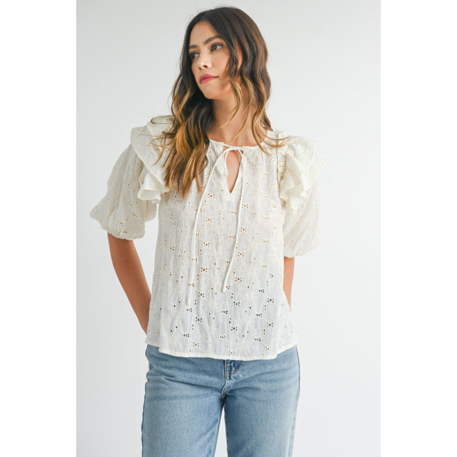 MABLE Eyelet Lace Ruffle Shoulder Puff Sleeve Blouse Cream / S Apparel and Accessories