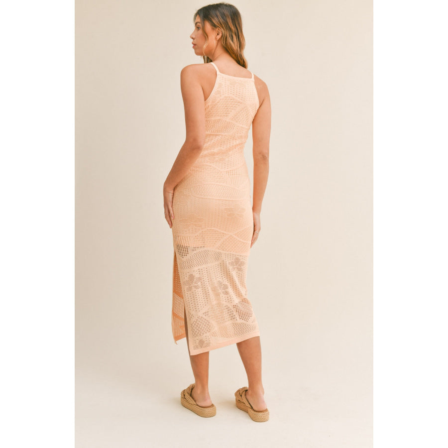 MABLE Floral Design Knit Slit Midi Dress Lt Apricot / S Apparel and Accessories