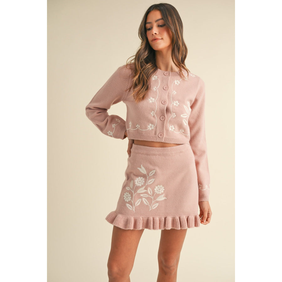 MABLE Floral Embroidered Crop Cardigan and Ruffled Mini Skirt Set Rose / S Apparel and Accessories