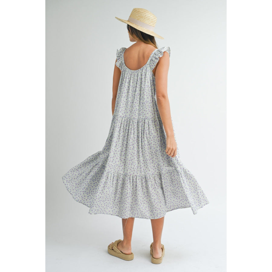 MABLE Floral Ruffle Shoulder Tiered Midi Dress Blue / S Apparel and Accessories