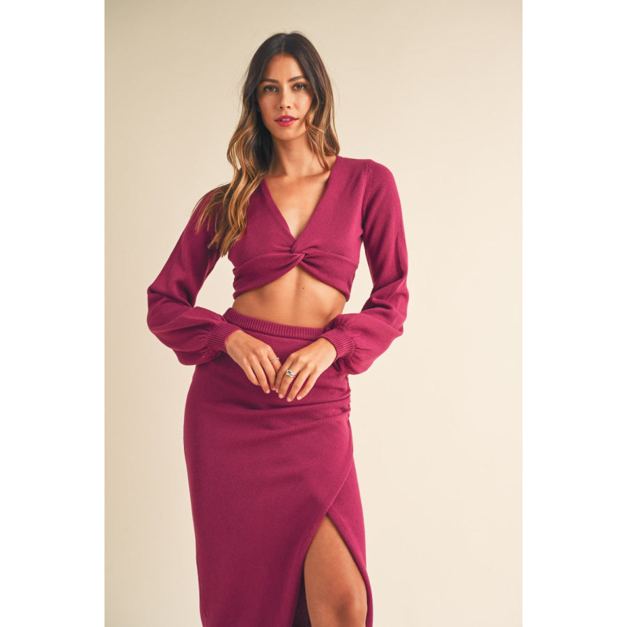 MABLE Front Twisted Knit Top and Midi Skirt Set Magenta / S Apparel and Accessories