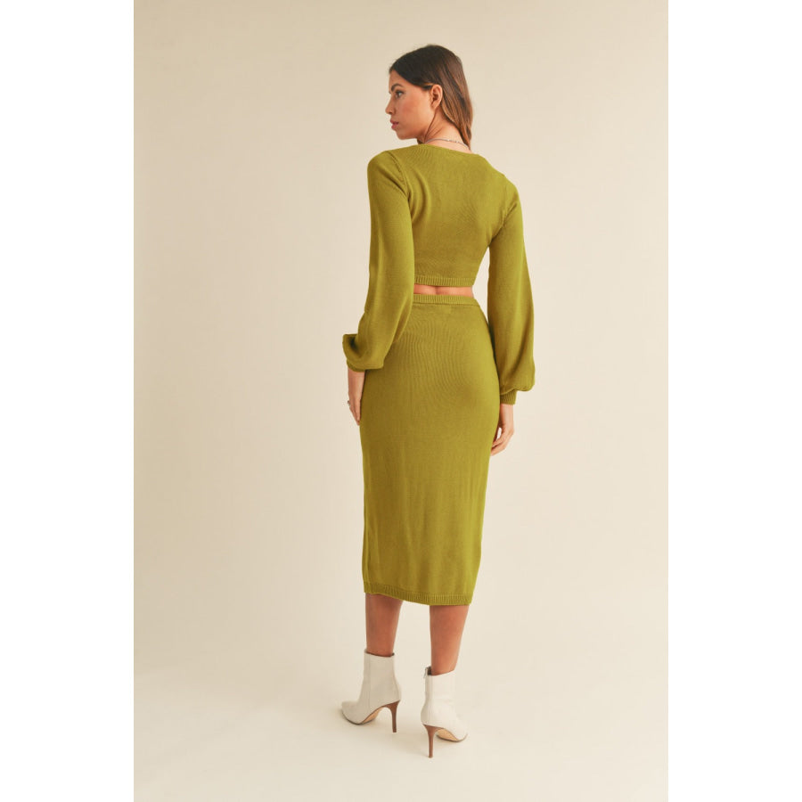 MABLE Front Twisted Knit Top and Midi Skirt Set Moss Green / S Apparel and Accessories