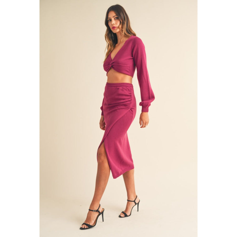 MABLE Front Twisted Knit Top and Midi Skirt Set Apparel and Accessories