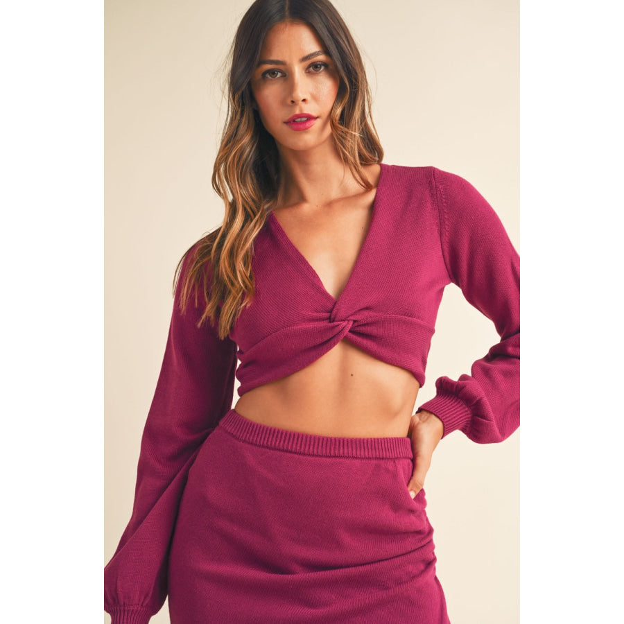 MABLE Front Twisted Knit Top and Midi Skirt Set Apparel and Accessories