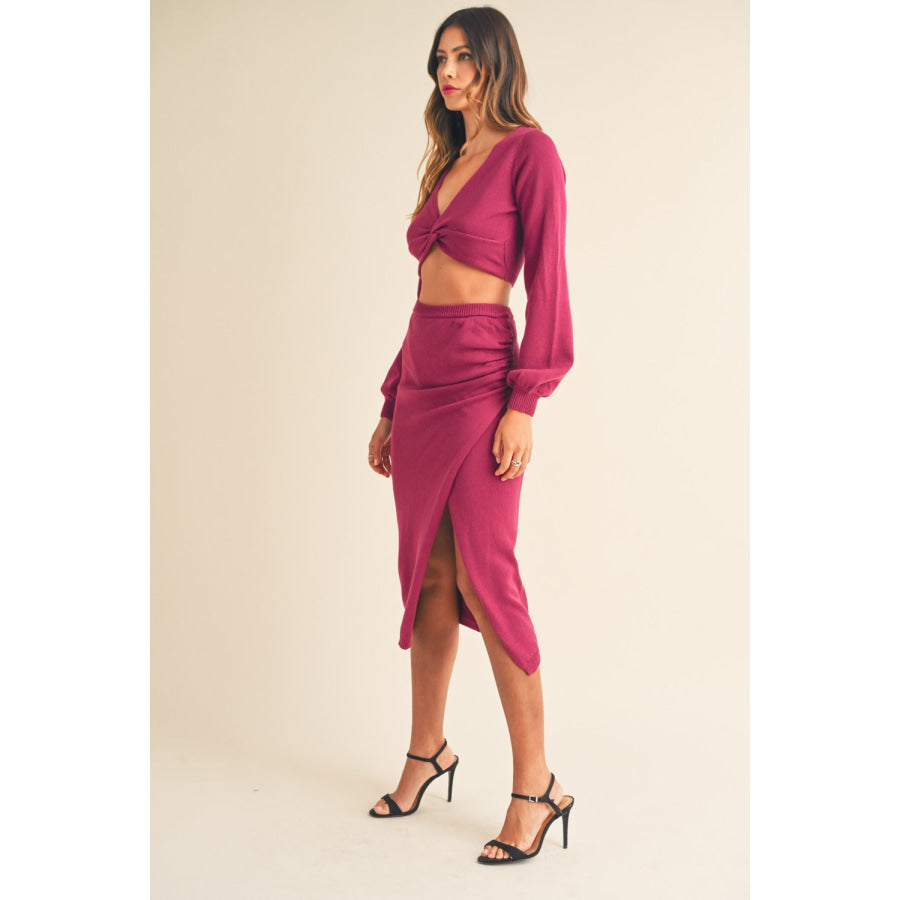 MABLE Front Twisted Knit Top and Midi Skirt Set Apparel and Accessories