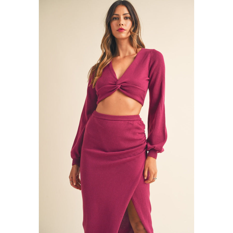 MABLE Front Twisted Knit Top and Midi Skirt Set Magenta / S Apparel and Accessories