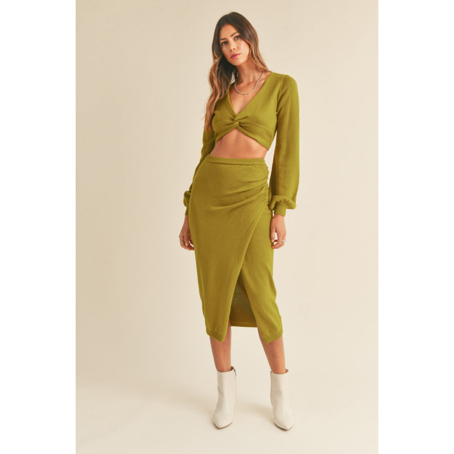 MABLE Front Twisted Knit Top and Midi Skirt Set Moss Green / S Apparel and Accessories