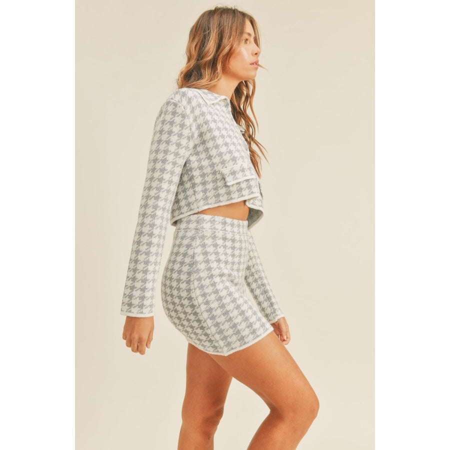 MABLE Houndstooth Cropped Knit Cardigan and Mini Skirt Set Apparel and Accessories