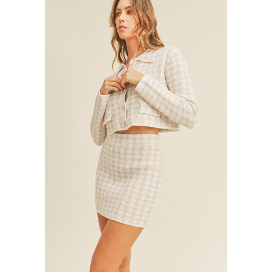 MABLE Houndstooth Cropped Knit Cardigan and Mini Skirt Set Apparel and Accessories