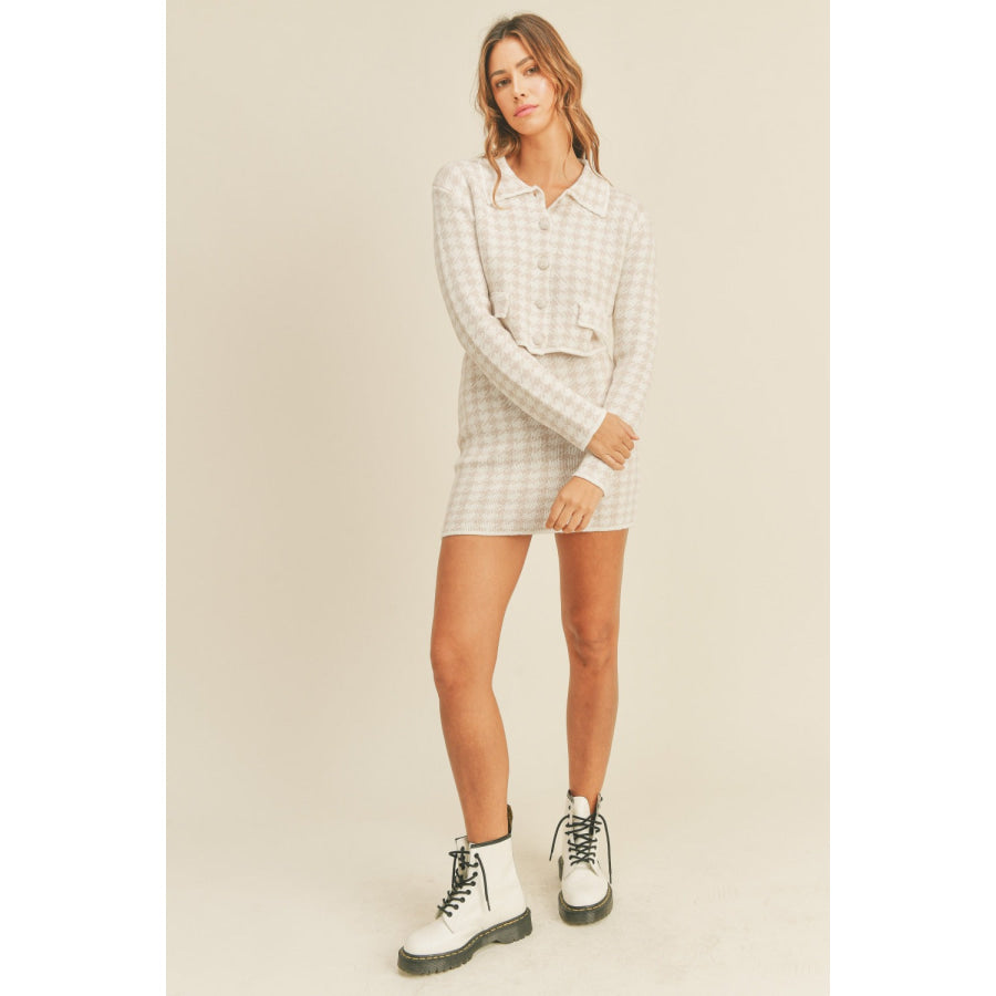 MABLE Houndstooth Cropped Knit Cardigan and Mini Skirt Set Apparel and Accessories