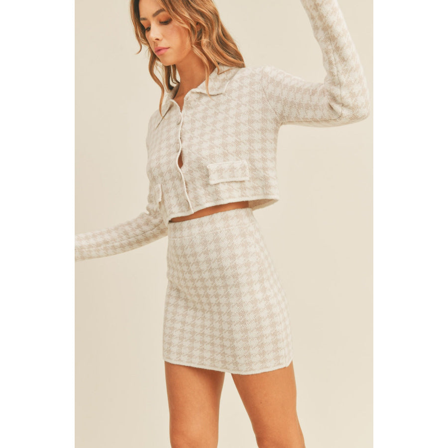 MABLE Houndstooth Cropped Knit Cardigan and Mini Skirt Set Apparel and Accessories