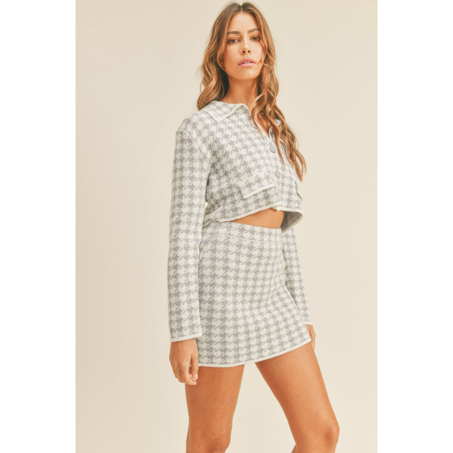 MABLE Houndstooth Cropped Knit Cardigan and Mini Skirt Set Apparel and Accessories