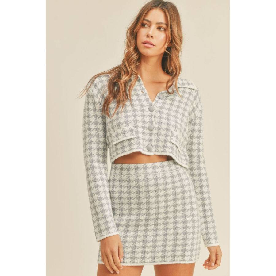 MABLE Houndstooth Cropped Knit Cardigan and Mini Skirt Set Blue / S Apparel and Accessories