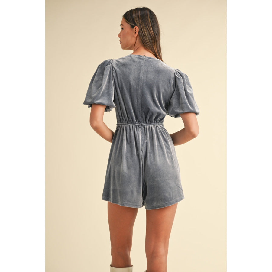 Mable Jewel Bow Decor Puff Sleeve Velvet Romper Dusty Blue / S Apparel and Accessories