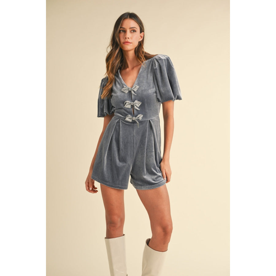 Mable Jewel Bow Decor Puff Sleeve Velvet Romper Dusty Blue / S Apparel and Accessories