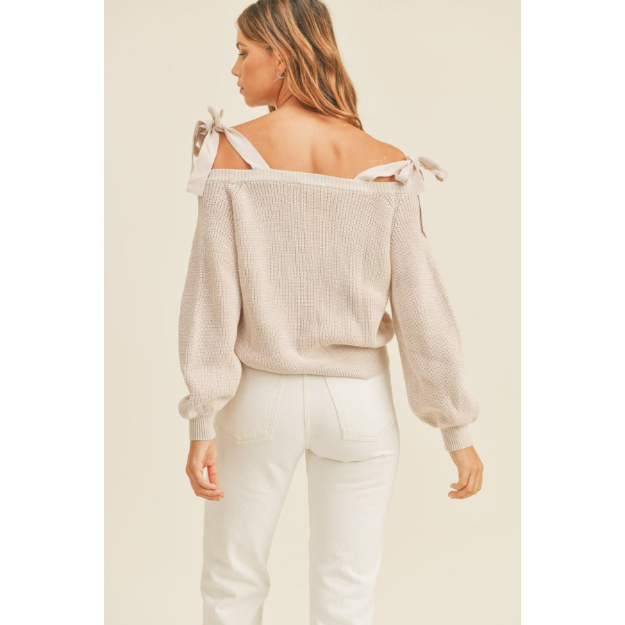 MABLE Off Shoulder Self Tie Strap Button Down Sweater Apparel and Accessories