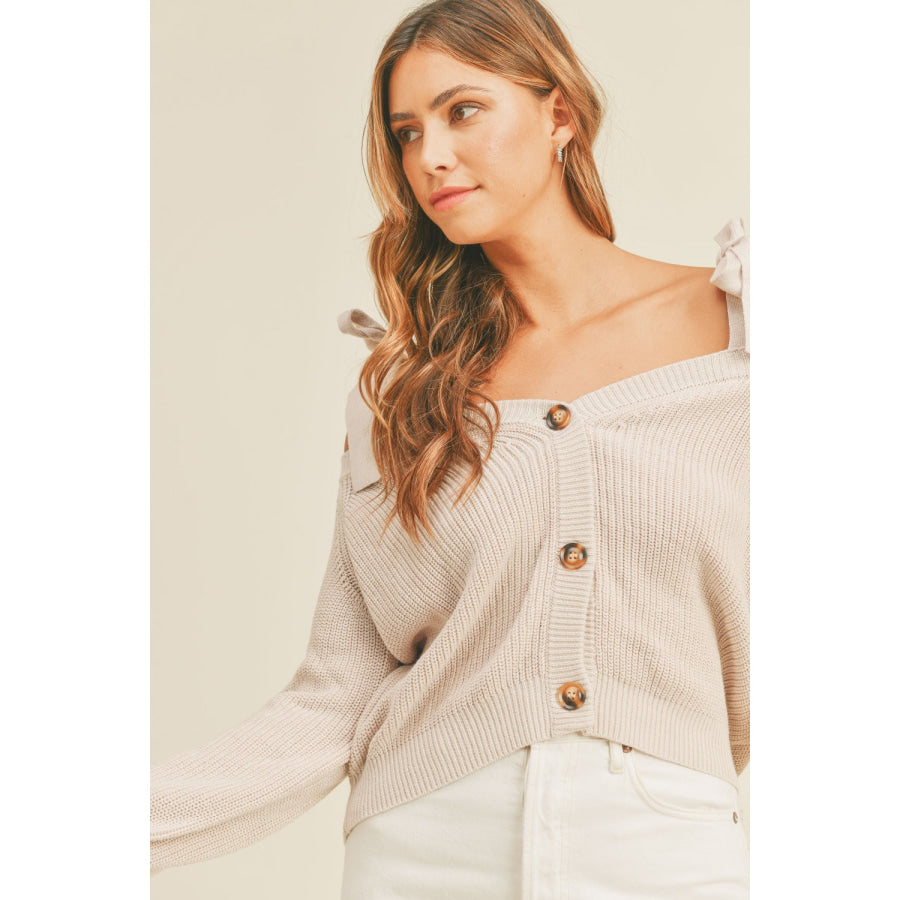 MABLE Off Shoulder Self Tie Strap Button Down Sweater Apparel and Accessories