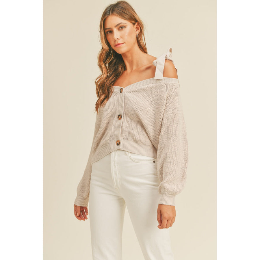 MABLE Off Shoulder Self Tie Strap Button Down Sweater Dusty Lavender / S Apparel and Accessories