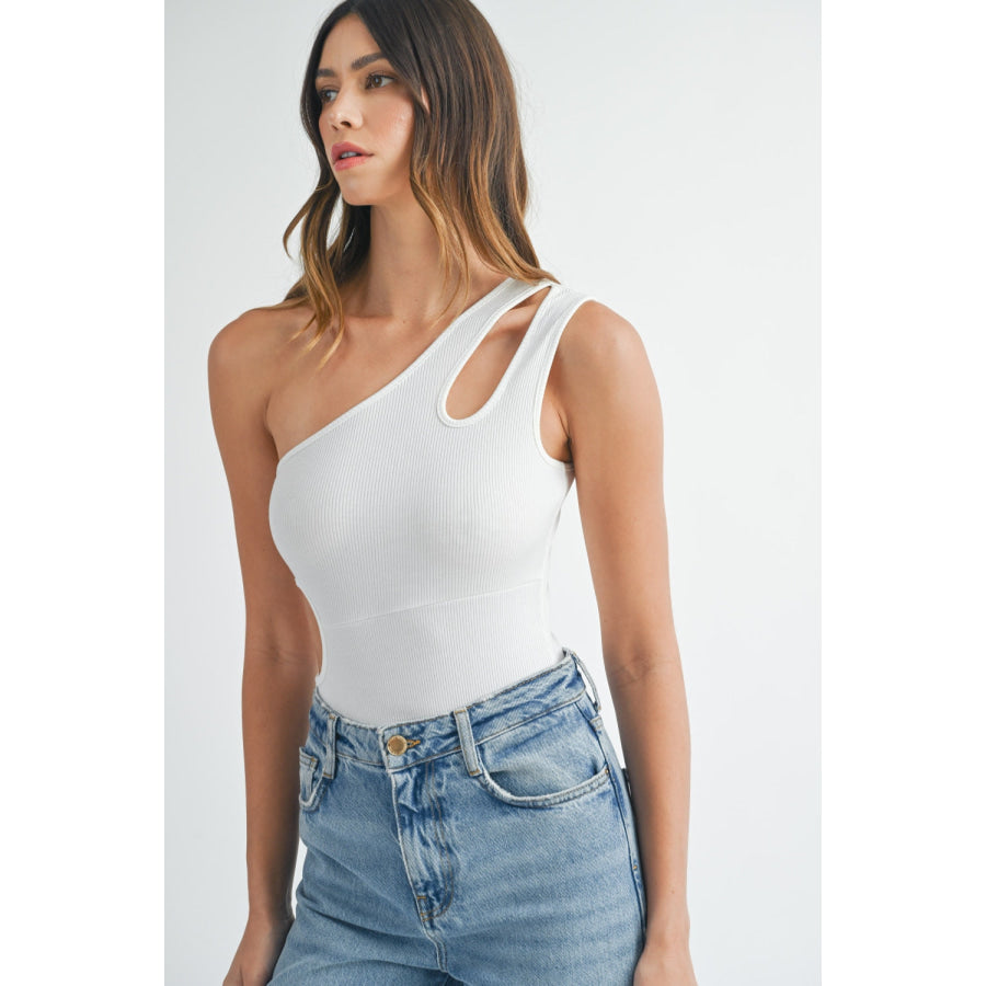 MABLE One Shoulder Ribbed Cutout Detail Bodysuit Apparel and Accessories