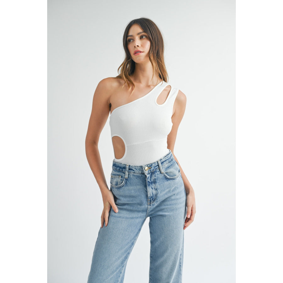 MABLE One Shoulder Ribbed Cutout Detail Bodysuit Apparel and Accessories