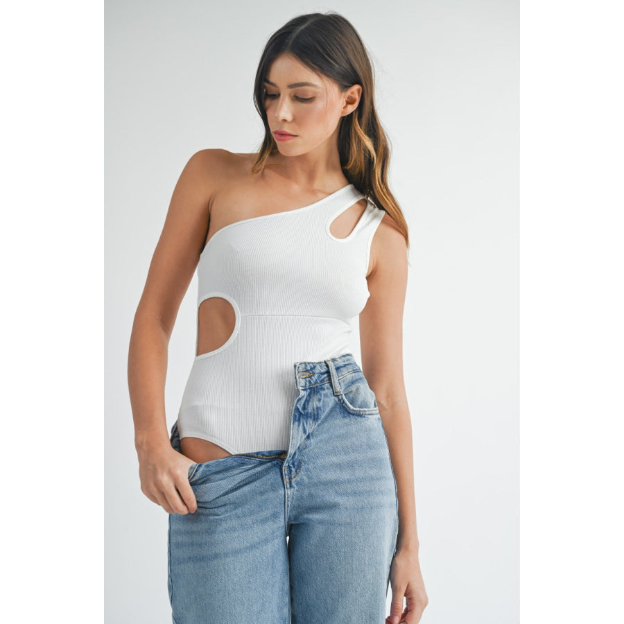 MABLE One Shoulder Ribbed Cutout Detail Bodysuit Off White / S Apparel and Accessories