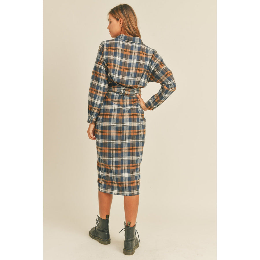 Mable Plaid Flannel Front Tie Button Down Shirt Dress Apparel and Accessories