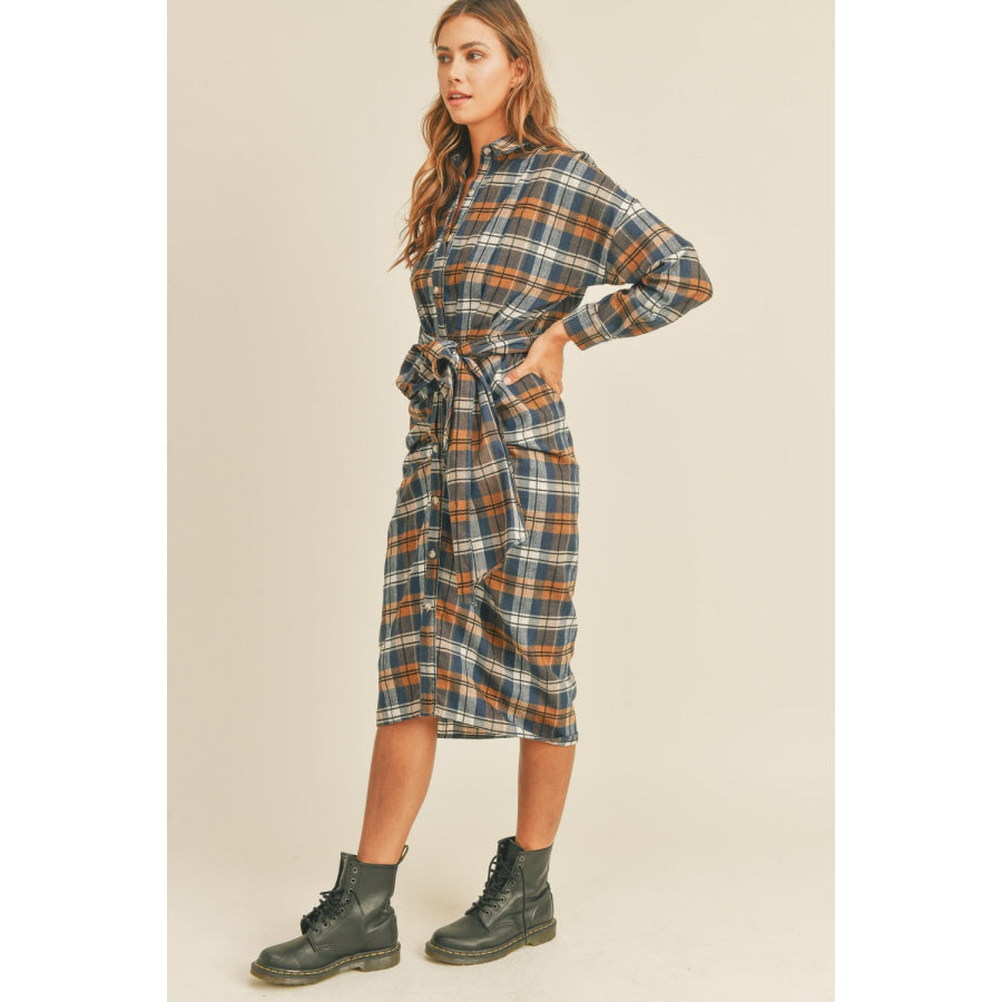 Mable Plaid Flannel Front Tie Button Down Shirt Dress Apparel and Accessories