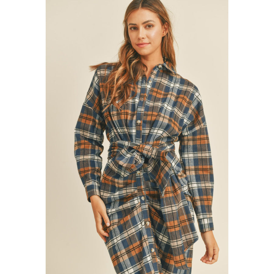 Mable Plaid Flannel Front Tie Button Down Shirt Dress Apparel and Accessories