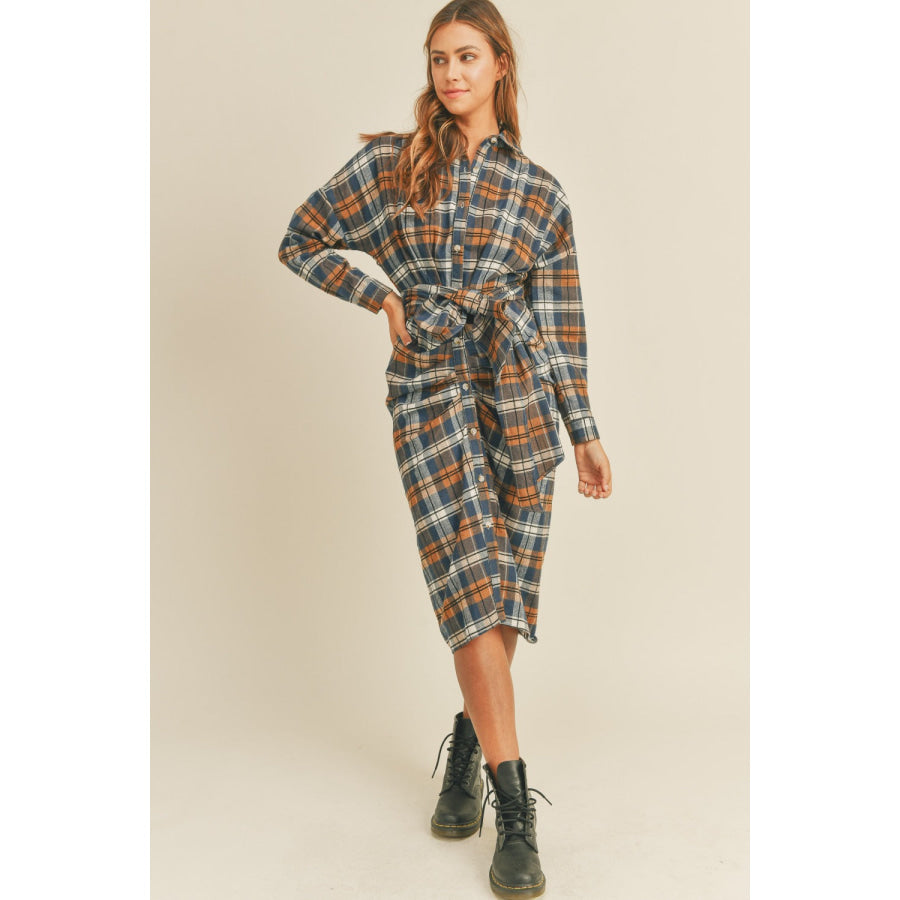 Mable Plaid Flannel Front Tie Button Down Shirt Dress Apparel and Accessories