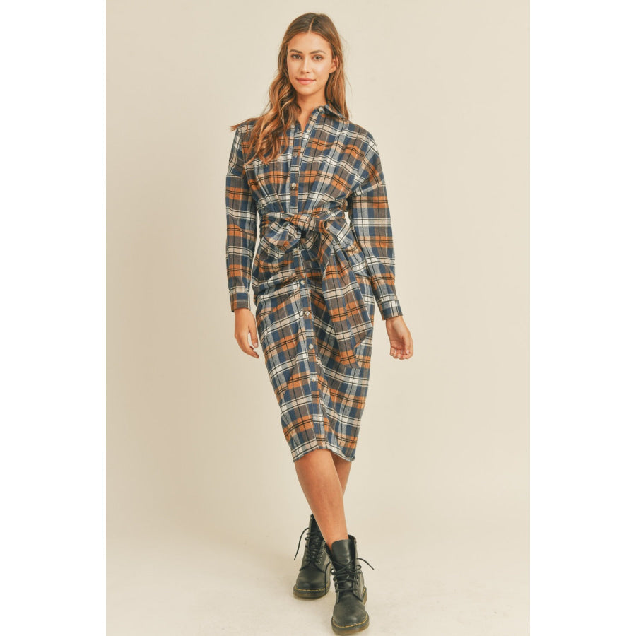 Mable Plaid Flannel Front Tie Button Down Shirt Dress Apparel and Accessories