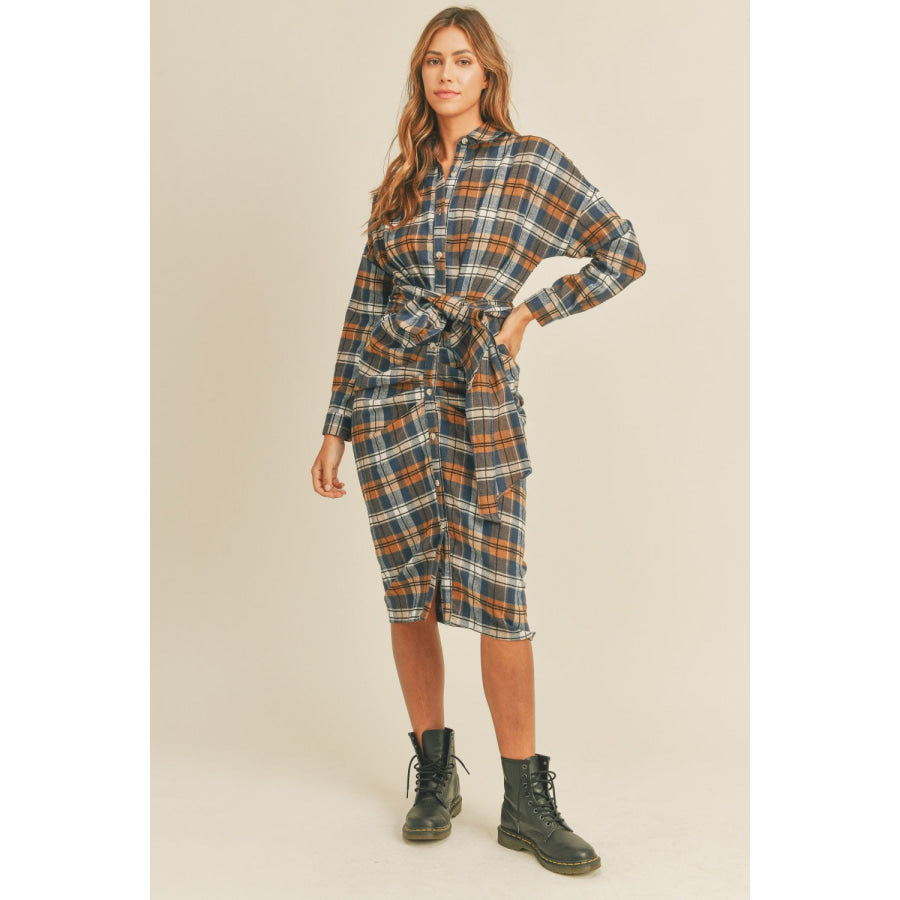 Mable Plaid Flannel Front Tie Button Down Shirt Dress Camel / S Apparel and Accessories