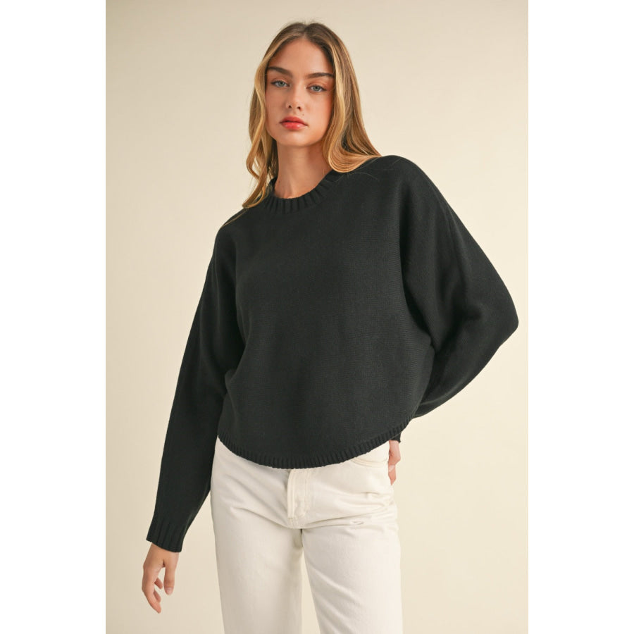 Mable Round Neck Dolman Sleeve Cropped Sweater Black / S Apparel and Accessories