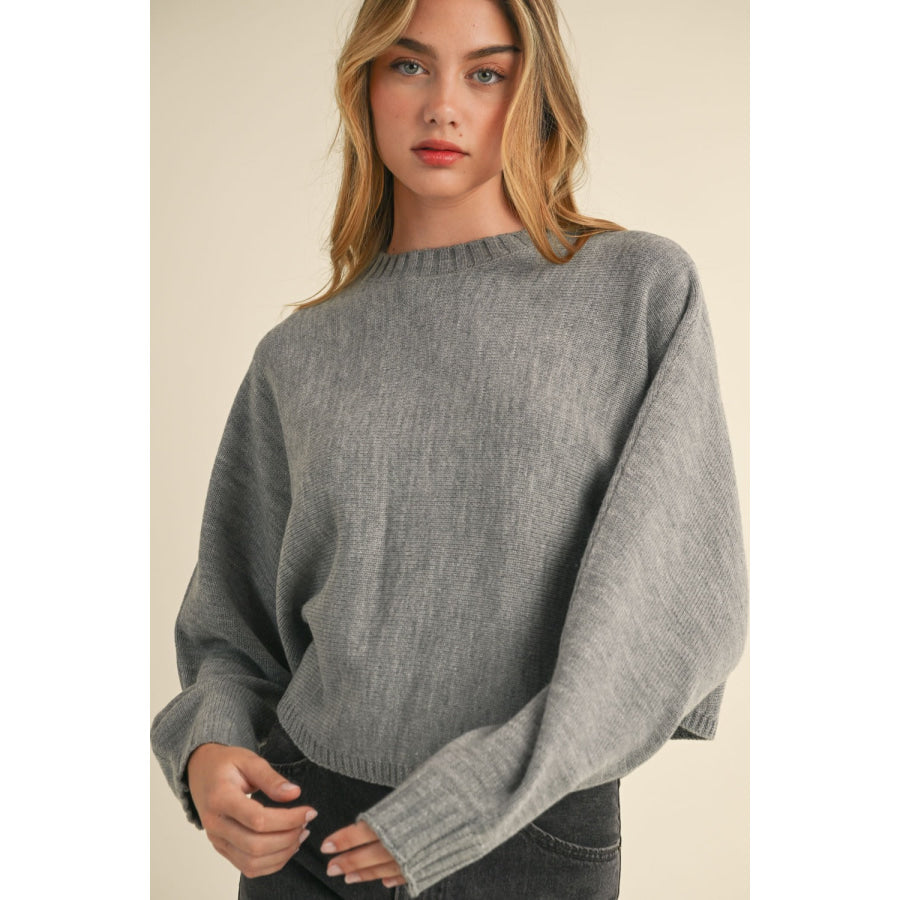 Mable Round Neck Dolman Sleeve Cropped Sweater H Grey / S Apparel and Accessories