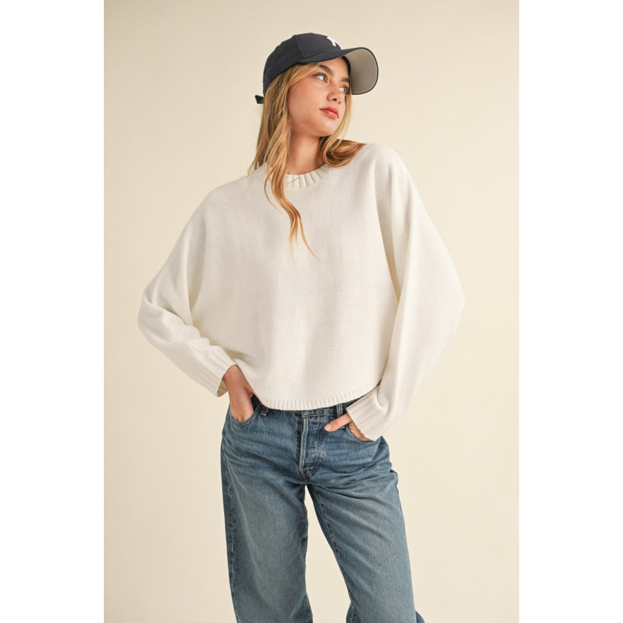 Mable Round Neck Dolman Sleeve Cropped Sweater Off White / S Apparel and Accessories