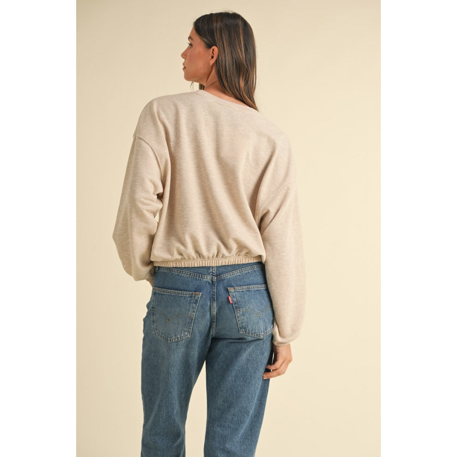 Mable Round Neck Letter Embroidery Crop Sweatshirt Taupe / S Apparel and Accessories