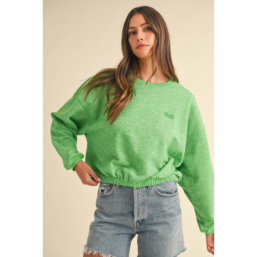 Mable Round Neck Letter Embroidery Crop Sweatshirt Apple Green / S Apparel and Accessories