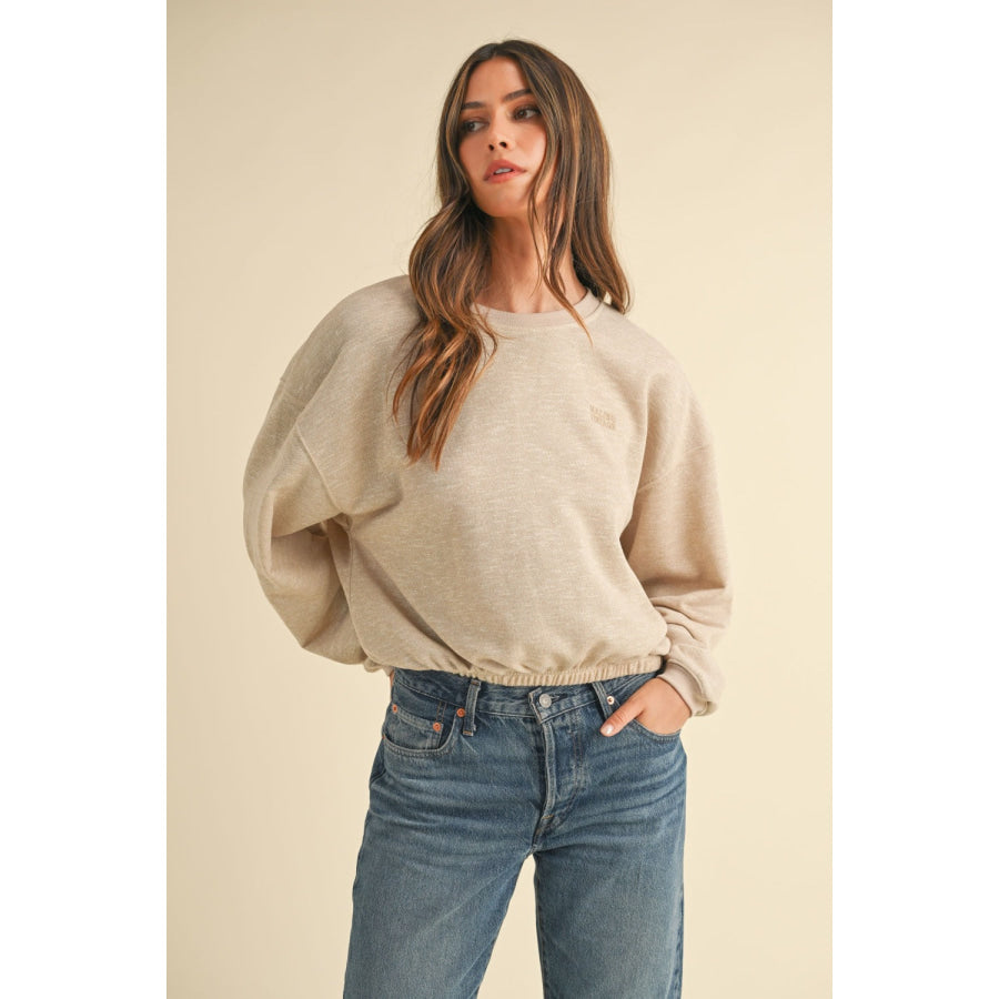 Mable Round Neck Letter Embroidery Crop Sweatshirt Taupe / S Apparel and Accessories