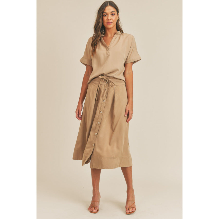 MABLE Short Sleeve Top and Button Down Midi Skirt Set Apparel and Accessories