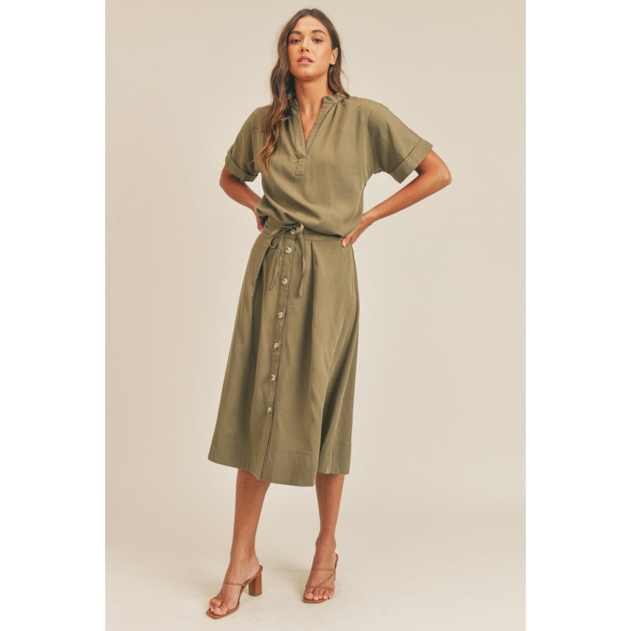 MABLE Short Sleeve Top and Button Down Midi Skirt Set Apparel and Accessories