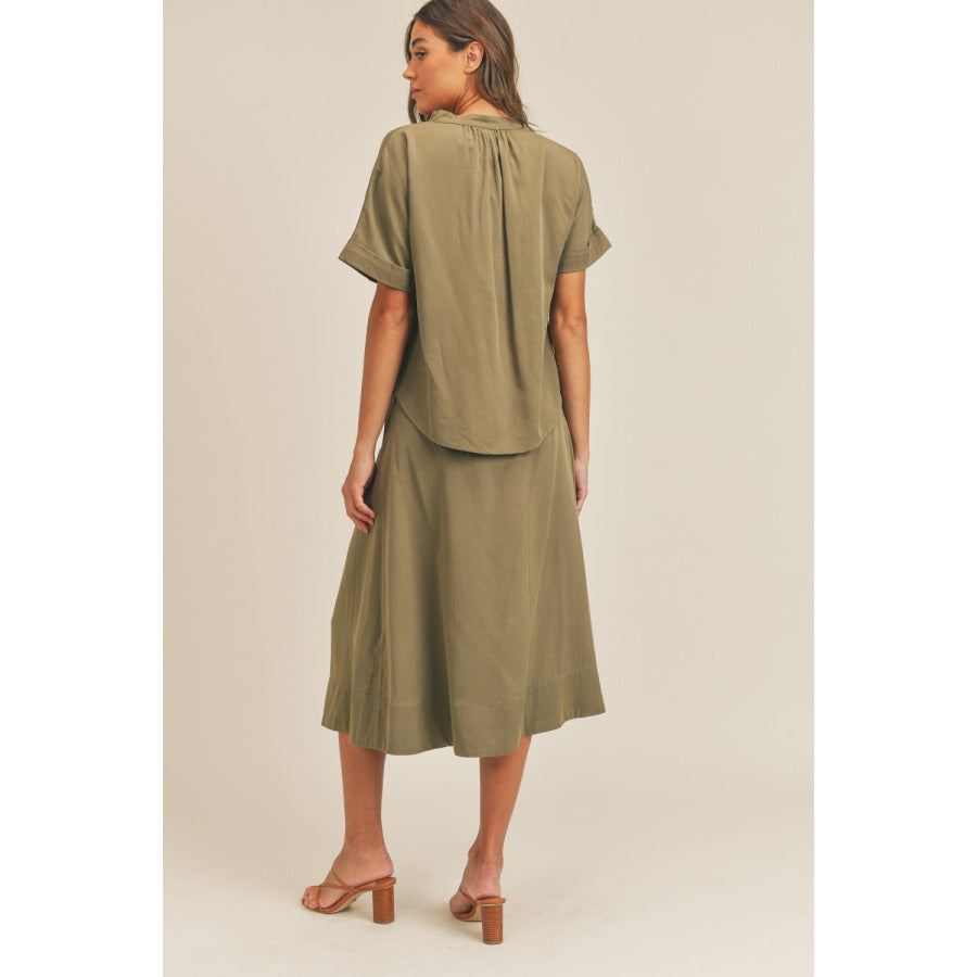 MABLE Short Sleeve Top and Button Down Midi Skirt Set Olive / S Apparel and Accessories