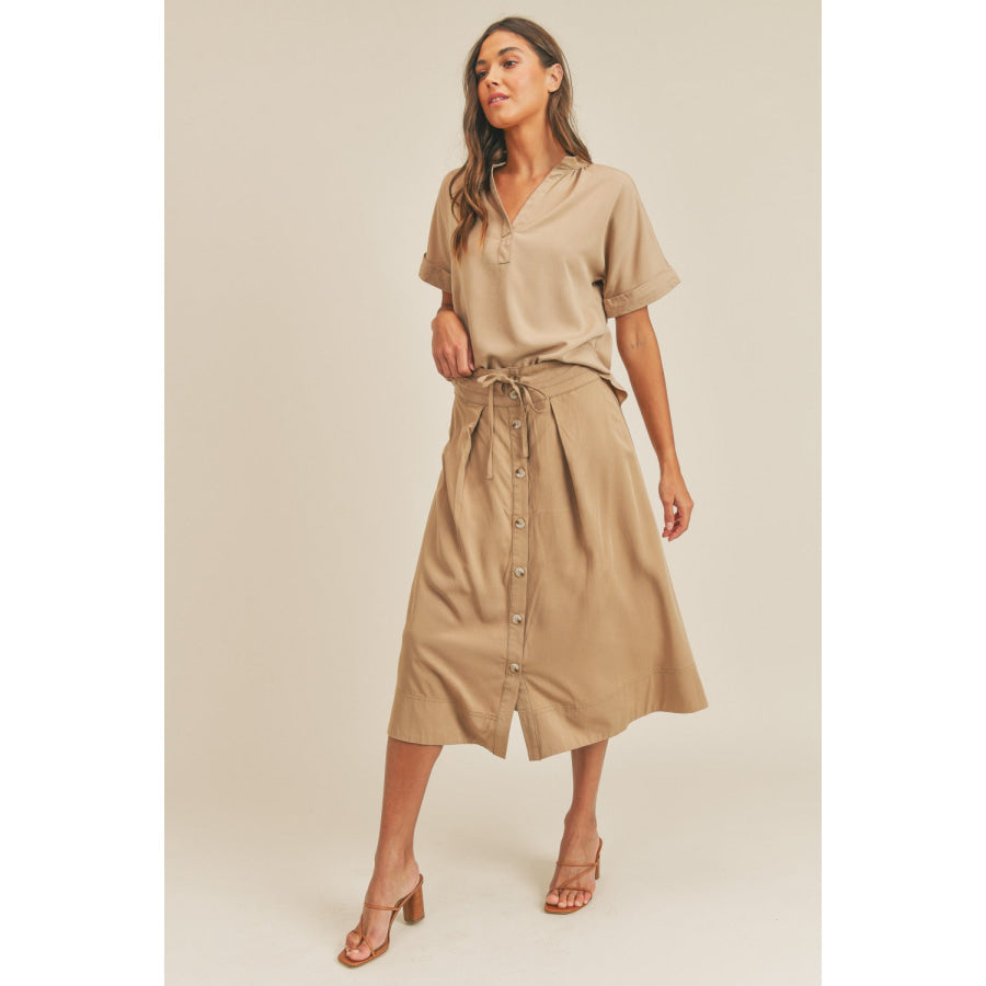 MABLE Short Sleeve Top and Button Down Midi Skirt Set Apparel and Accessories