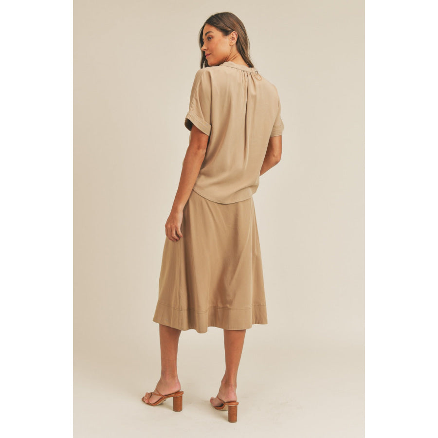 MABLE Short Sleeve Top and Button Down Midi Skirt Set Taupe / S Apparel and Accessories