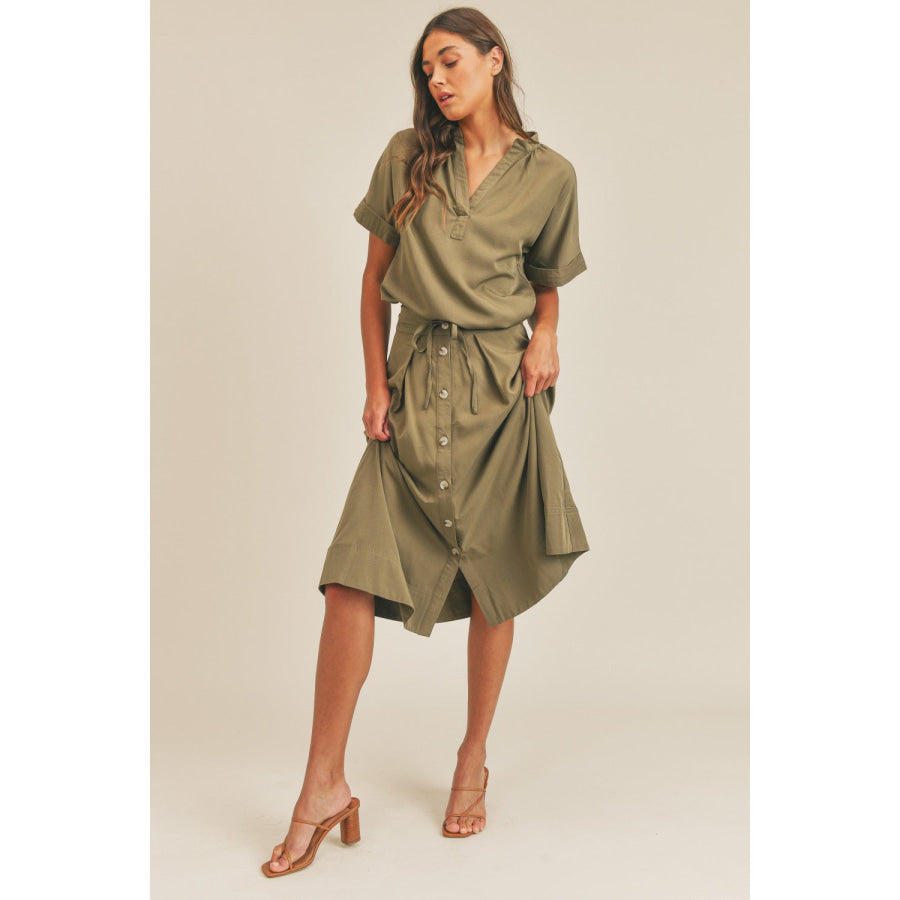 MABLE Short Sleeve Top and Button Down Midi Skirt Set Olive / S Apparel and Accessories