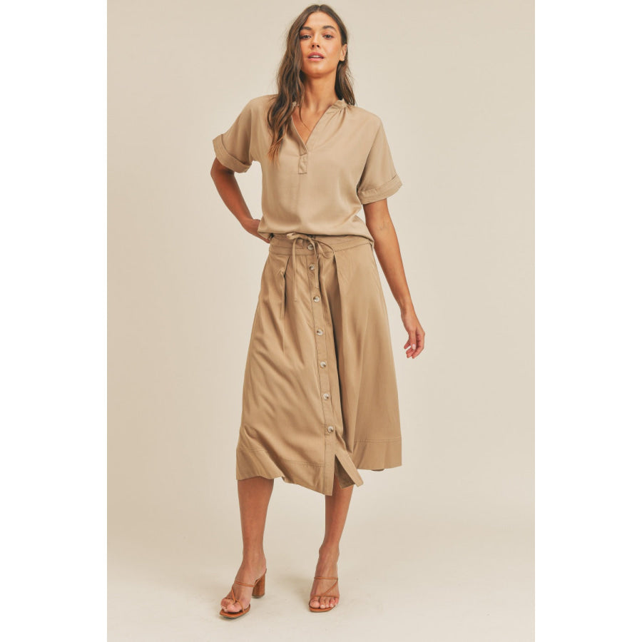 MABLE Short Sleeve Top and Button Down Midi Skirt Set Taupe / S Apparel and Accessories