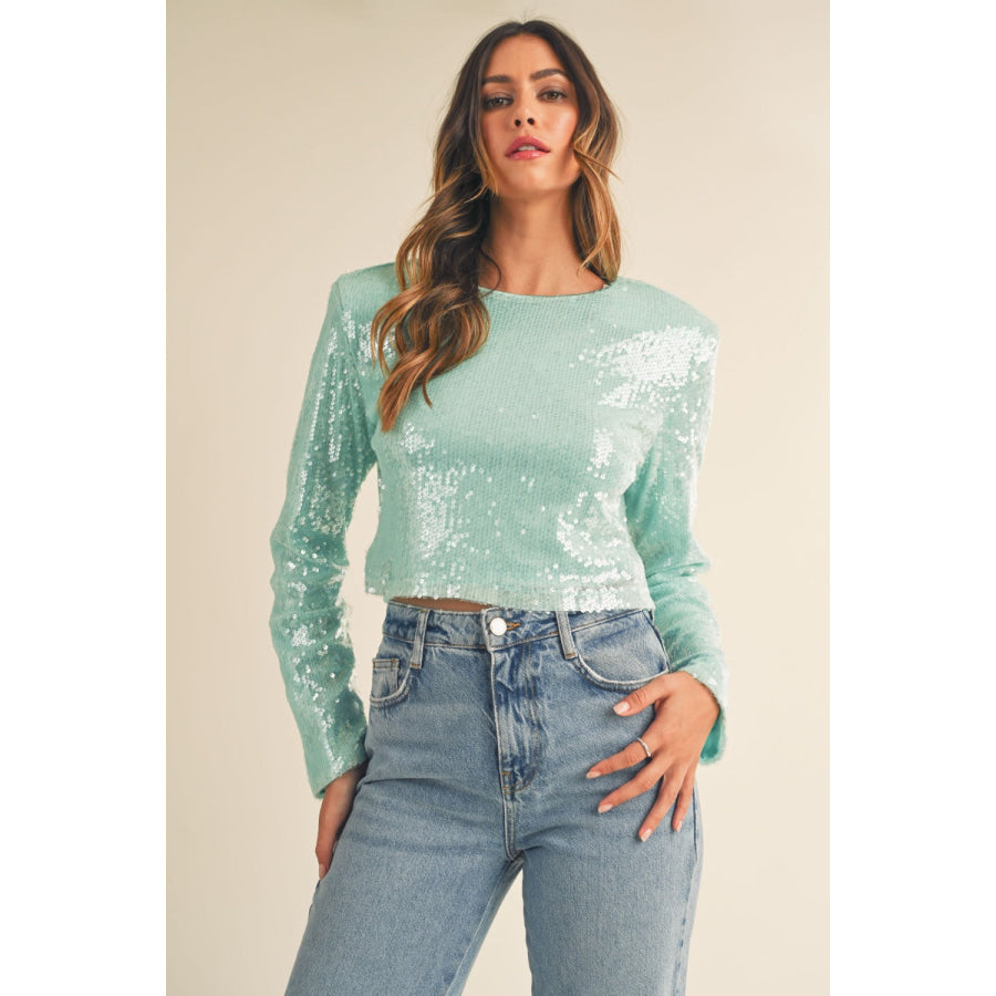 MABLE Shoulder Padded Sequin Crop Top Apparel and Accessories