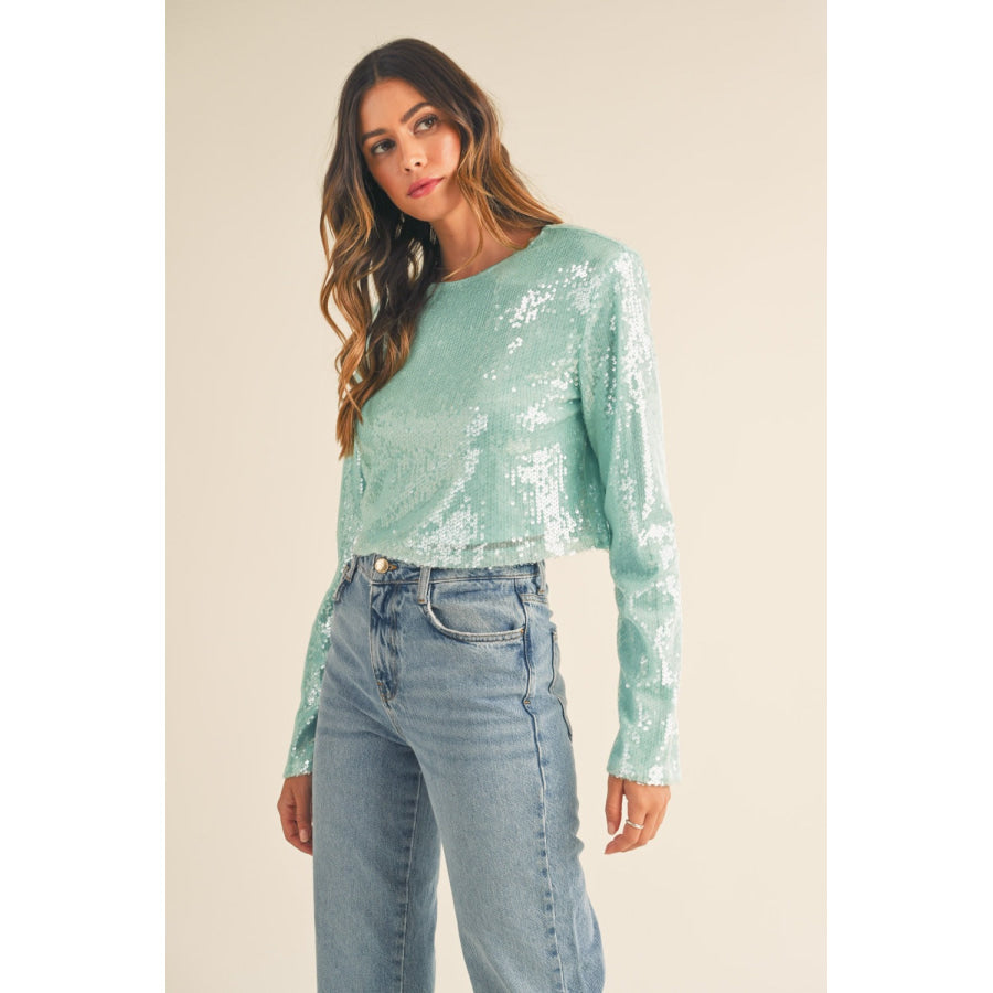 MABLE Shoulder Padded Sequin Crop Top Apparel and Accessories