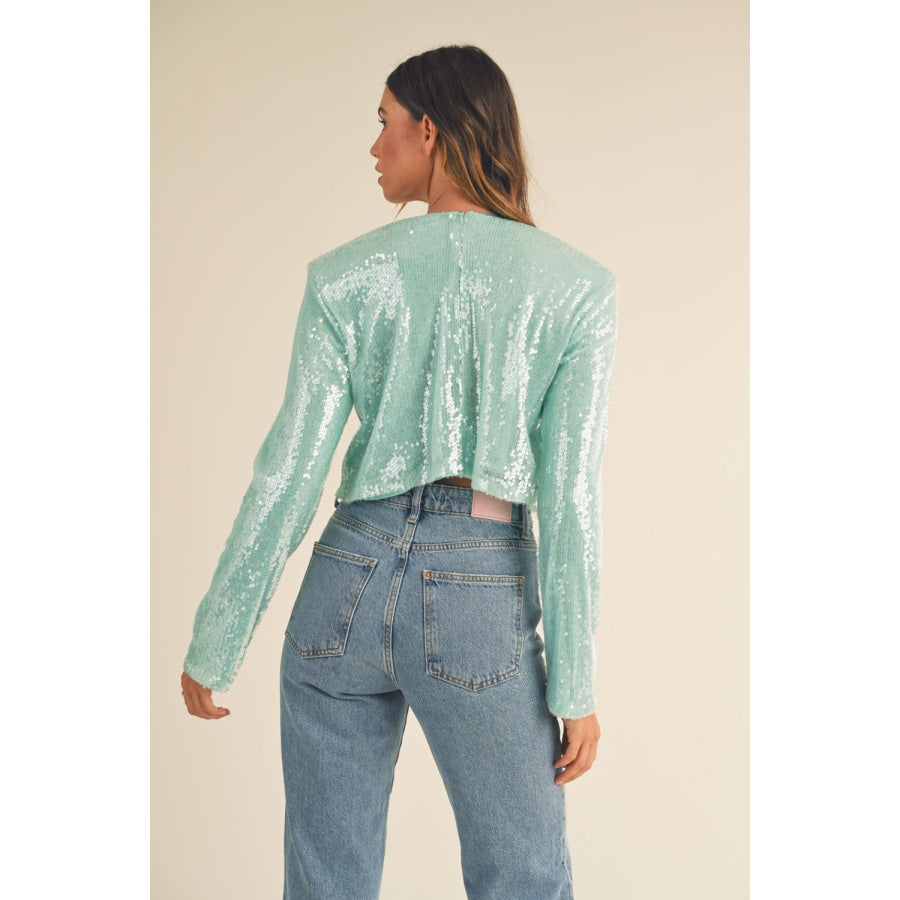 MABLE Shoulder Padded Sequin Crop Top Mint / S Apparel and Accessories